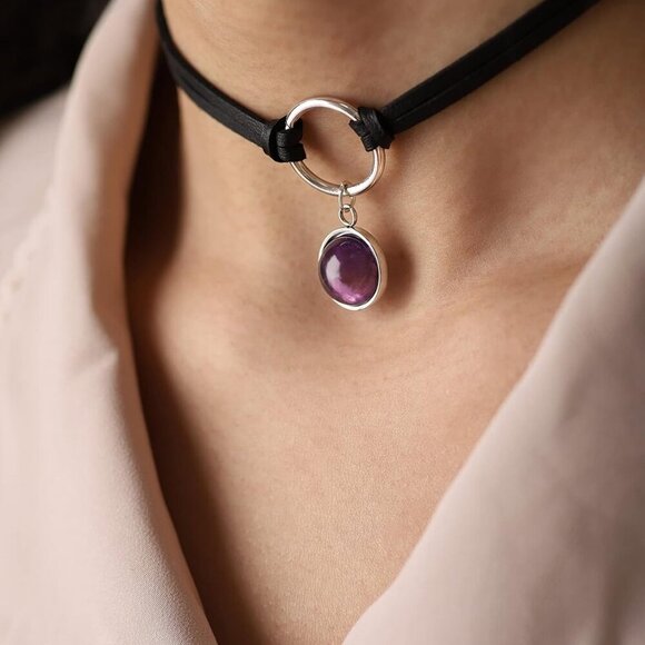 Jewelry Gothic Choker Black Faux Leather Crystal Pendant Gift for Women - Picture 3 of 7